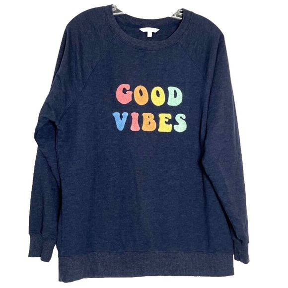 Wildfox Navy Heather Blue Soft Oversized Good Vibes Sweatshirt Graphic Small - Picture 2 of 6